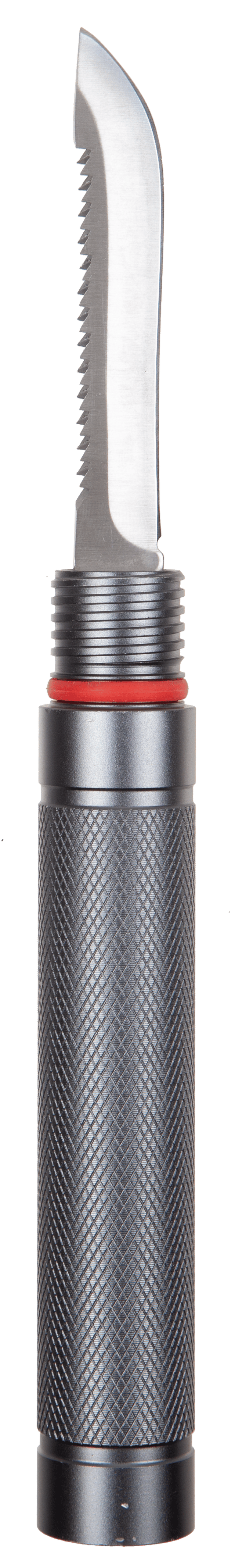 Knife with a textured handle and red accent on a white background