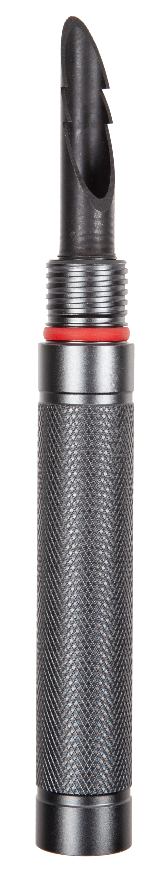 Metallic pen with black cap and red accent on a white background