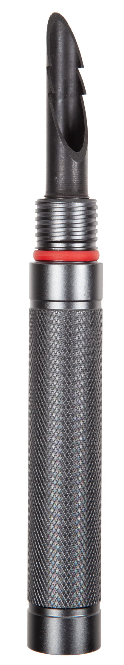 Metallic pen with black cap and red accent on a white background