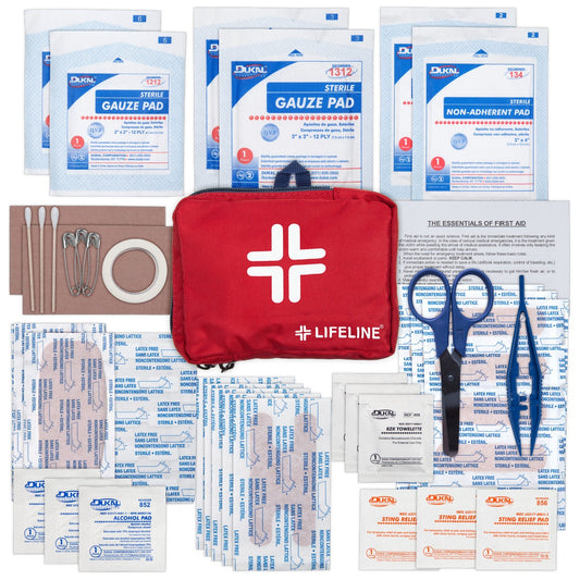 First aid kit with various supplies including gauze pads, scissors, and bandages on a white background.