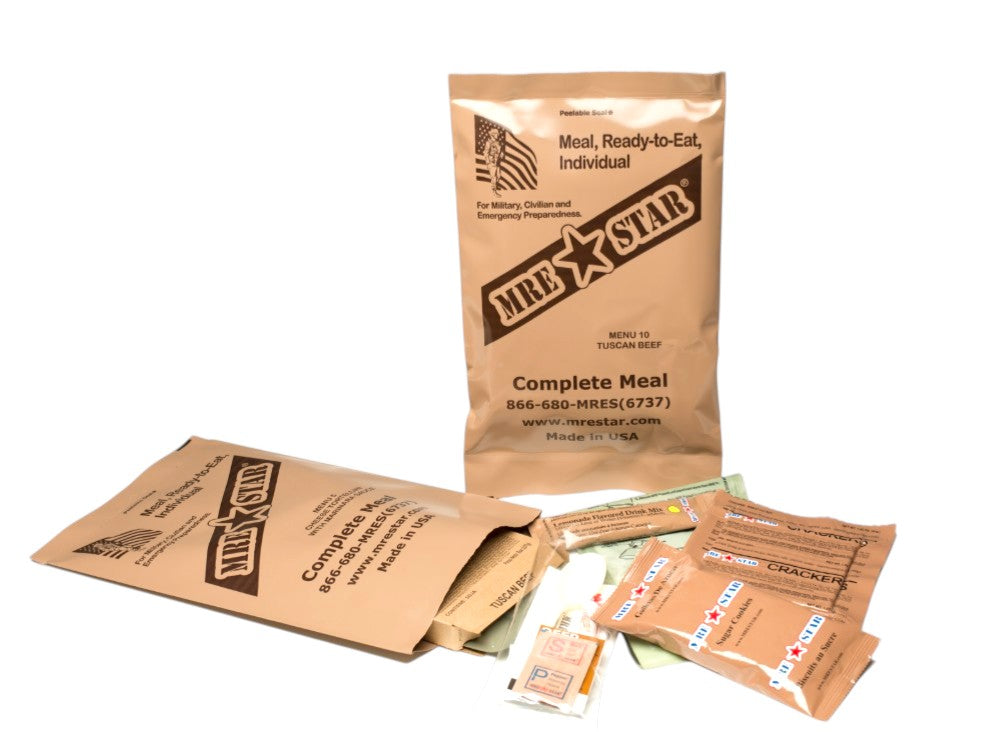 MRE Star military ration packs on a white background