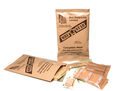 MRE Star military ration packs on a white background