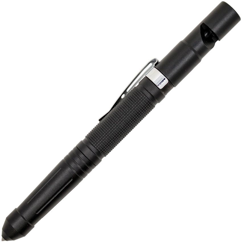 Black tactical pen on a white background