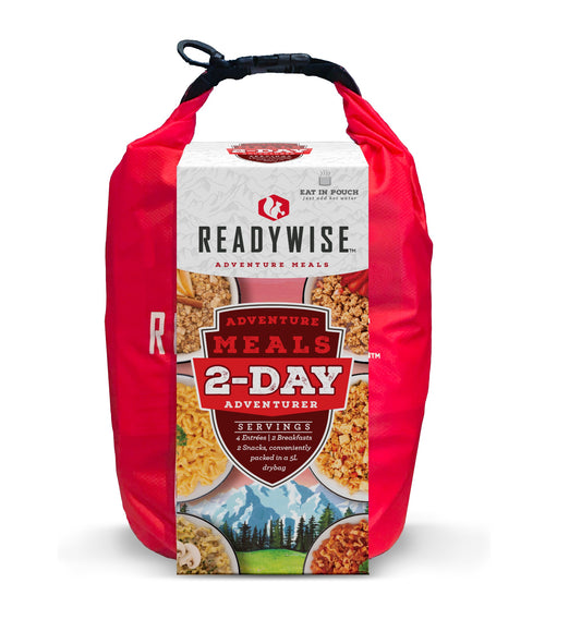 ReadyWise 2-Day Adventurer meal package with red carrying bag on a white background