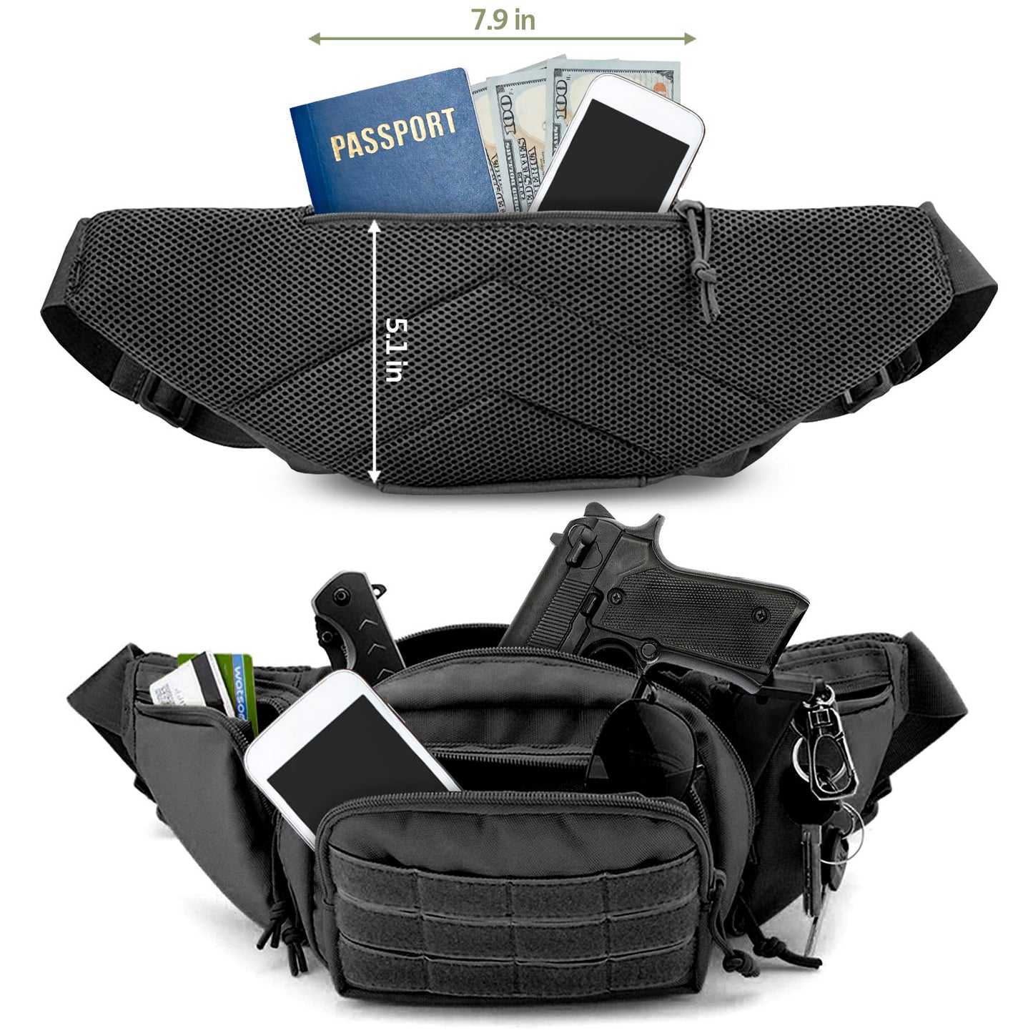 Black waist bag with compartments and items, shown with measurements on a white background.