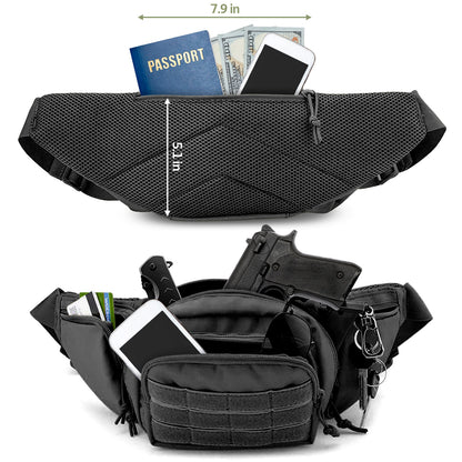 Black waist bag with compartments and items, shown with measurements on a white background.