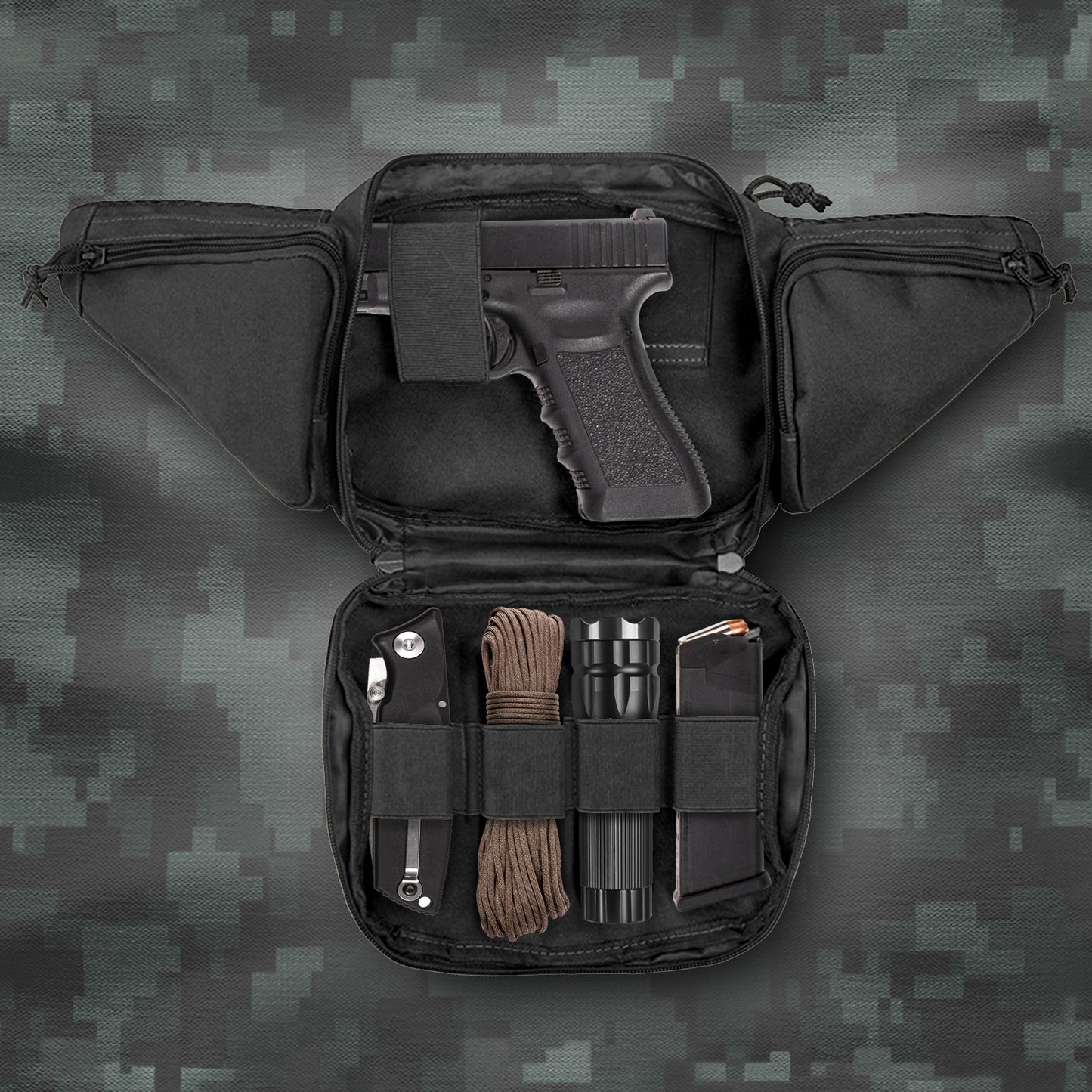 Black tactical pouch with a gun and various tools on a camouflage background