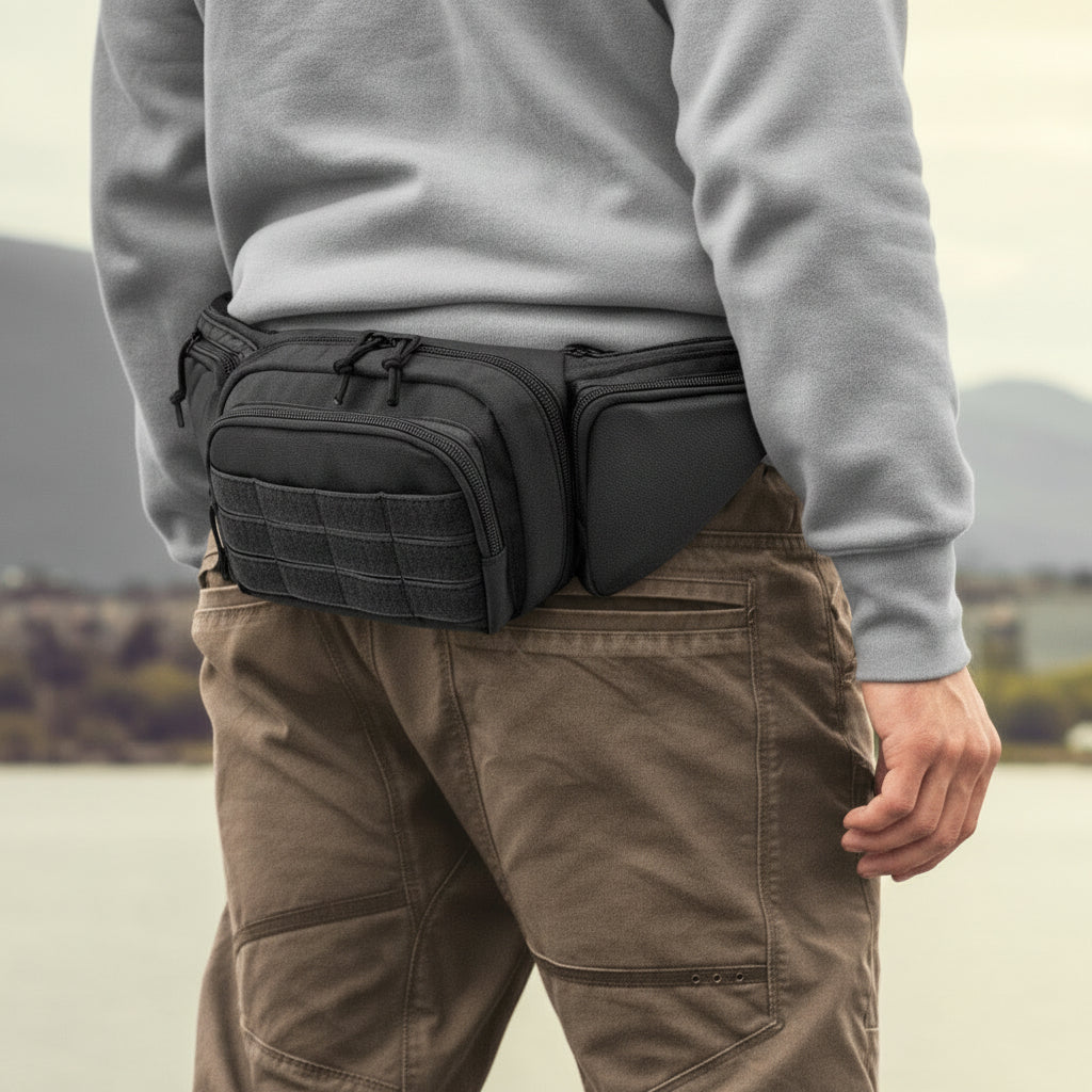 Person wearing a black waist bag with mountains in the background