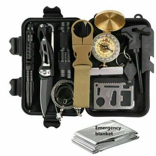 Survival kit with tools including a knife, flashlight, and compass in a black case.