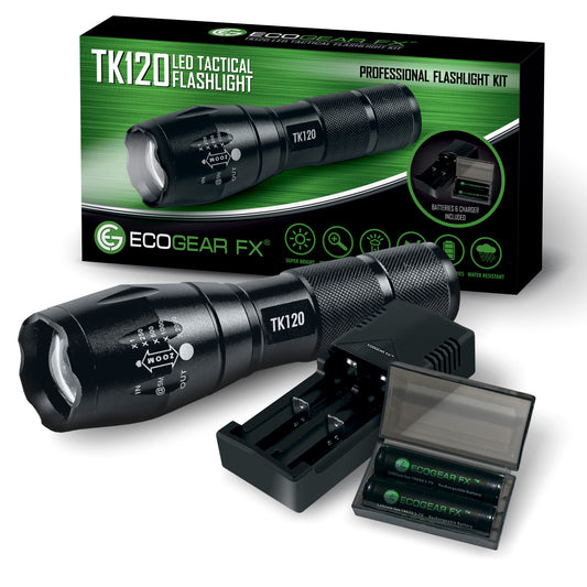 TK120 Tactical LED Flashlight Kit | 1200 Lumens, Zoom/Strobe | Rechargeable 18650 Battery, Charger & Case