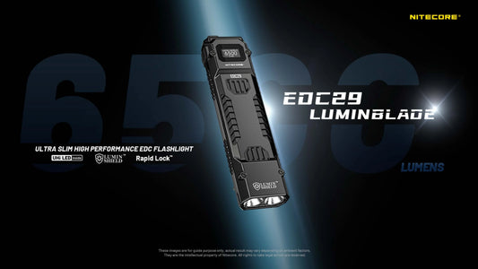 Nitecore EDC29 LuminGlad2 flashlight on a dark background with brand name visible
