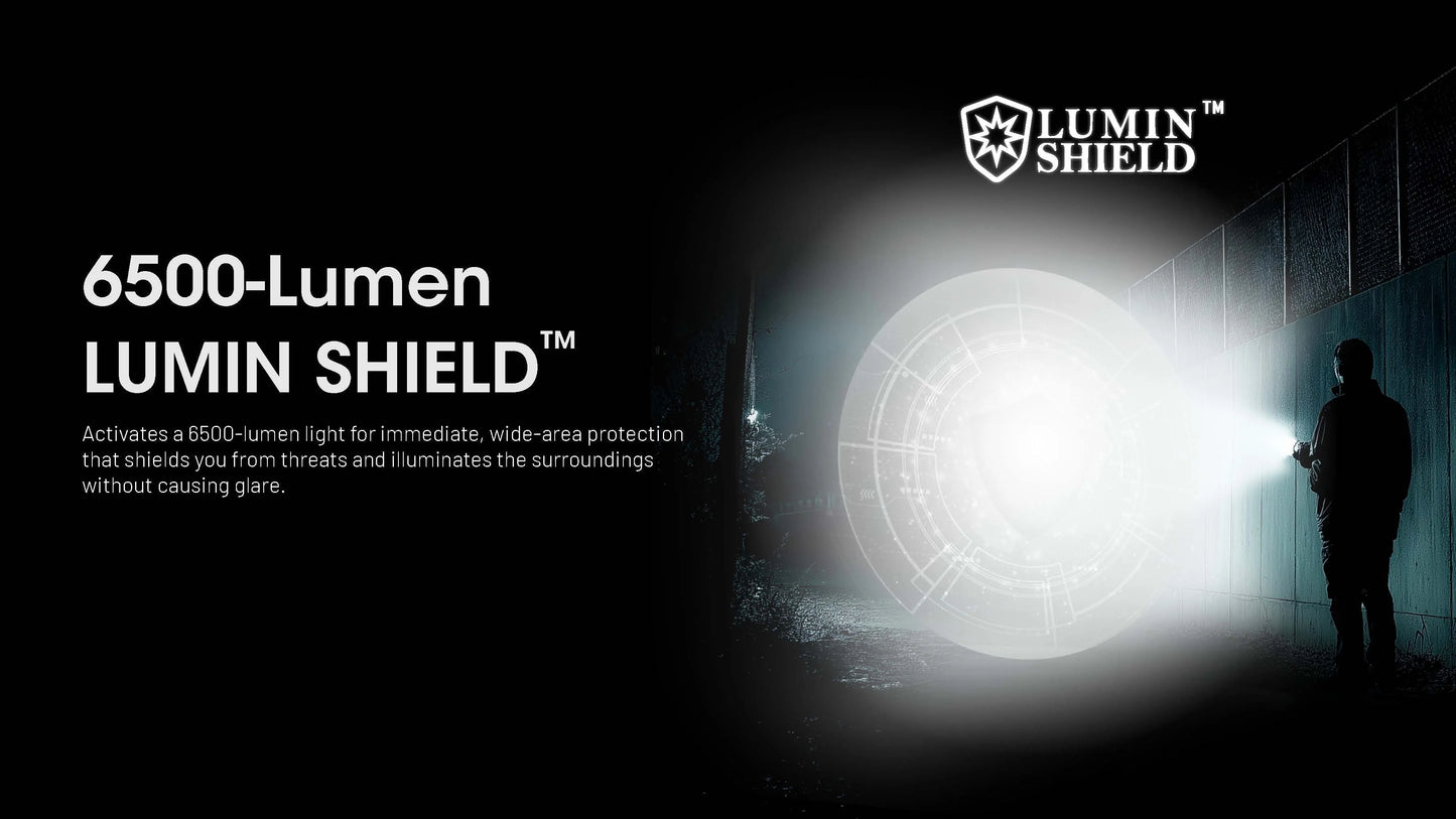 Lumin Shield flashlight with 6500-lumen light output in a dark setting, featuring the Lumin Shield logo.