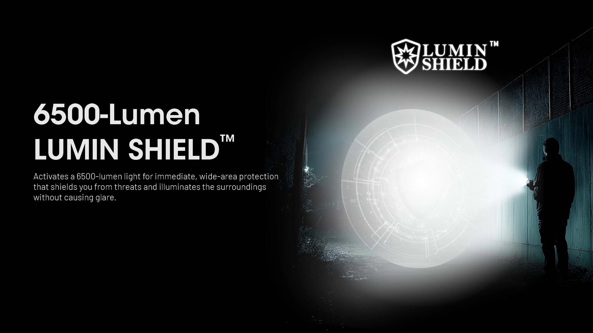 Lumin Shield flashlight with 6500-lumen light output in a dark setting, featuring the Lumin Shield logo.