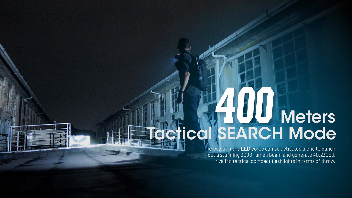 Person with tactical equipment in a dark setting, highlighting '400 Meters Tactical SEARCH Mode' text.