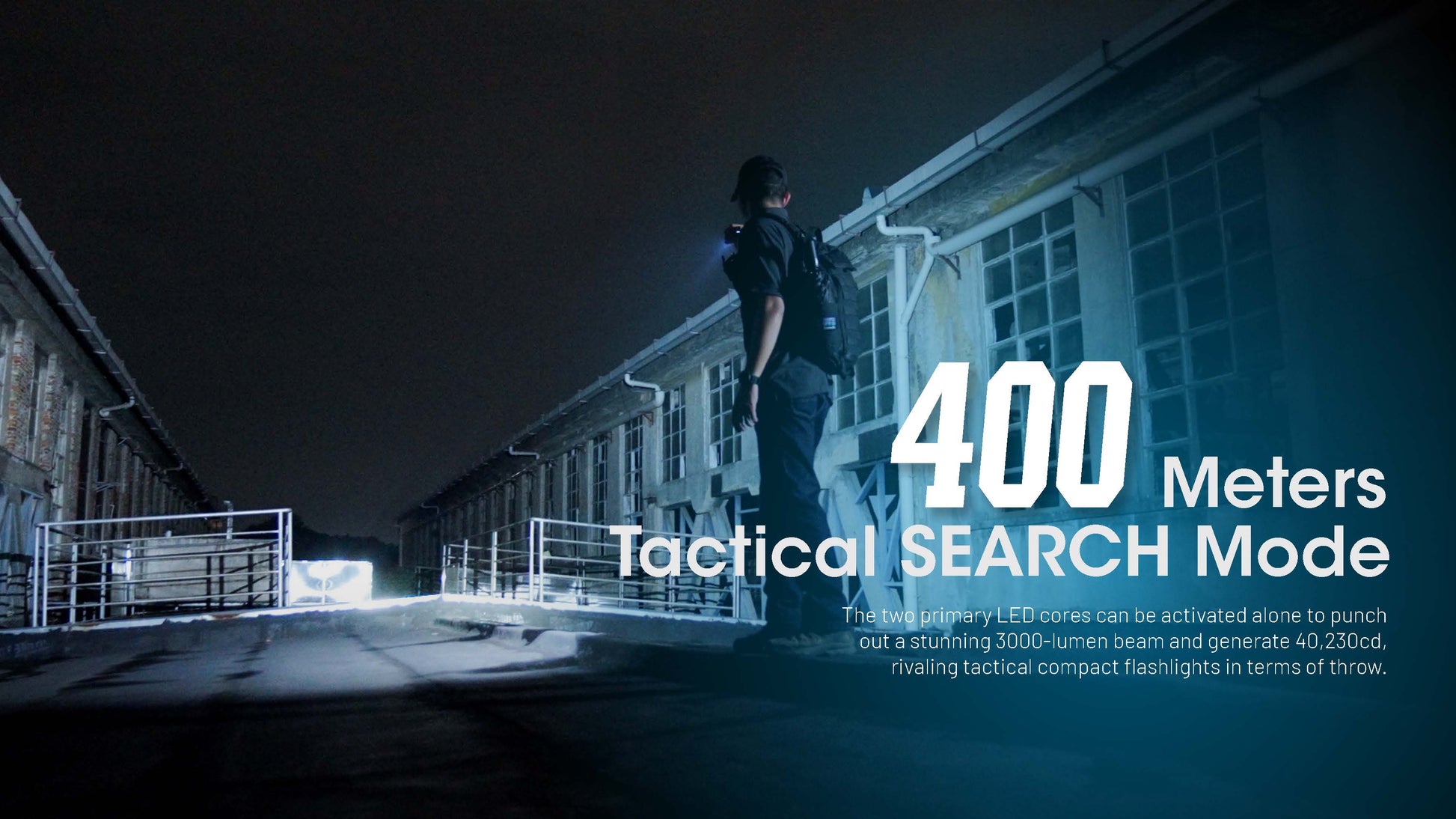 Person with tactical equipment in a dark setting, highlighting '400 Meters Tactical SEARCH Mode' text.