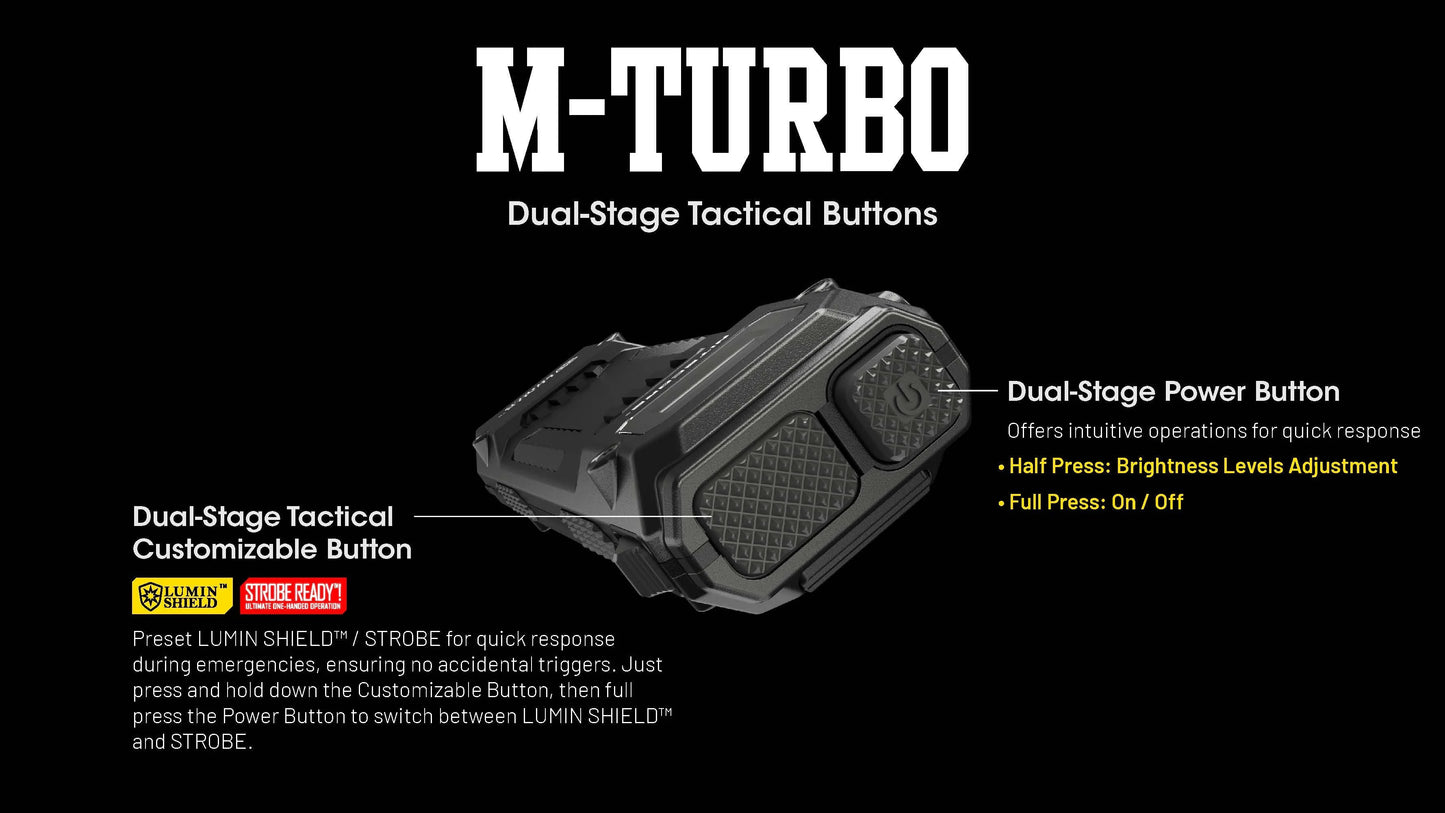 M-TURBO dual-stage tactical button with text on a black background