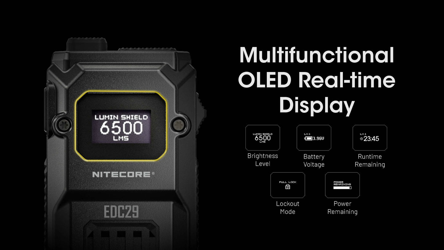 Nitecore EDC29 flashlight with multifunctional OLED display on a black background