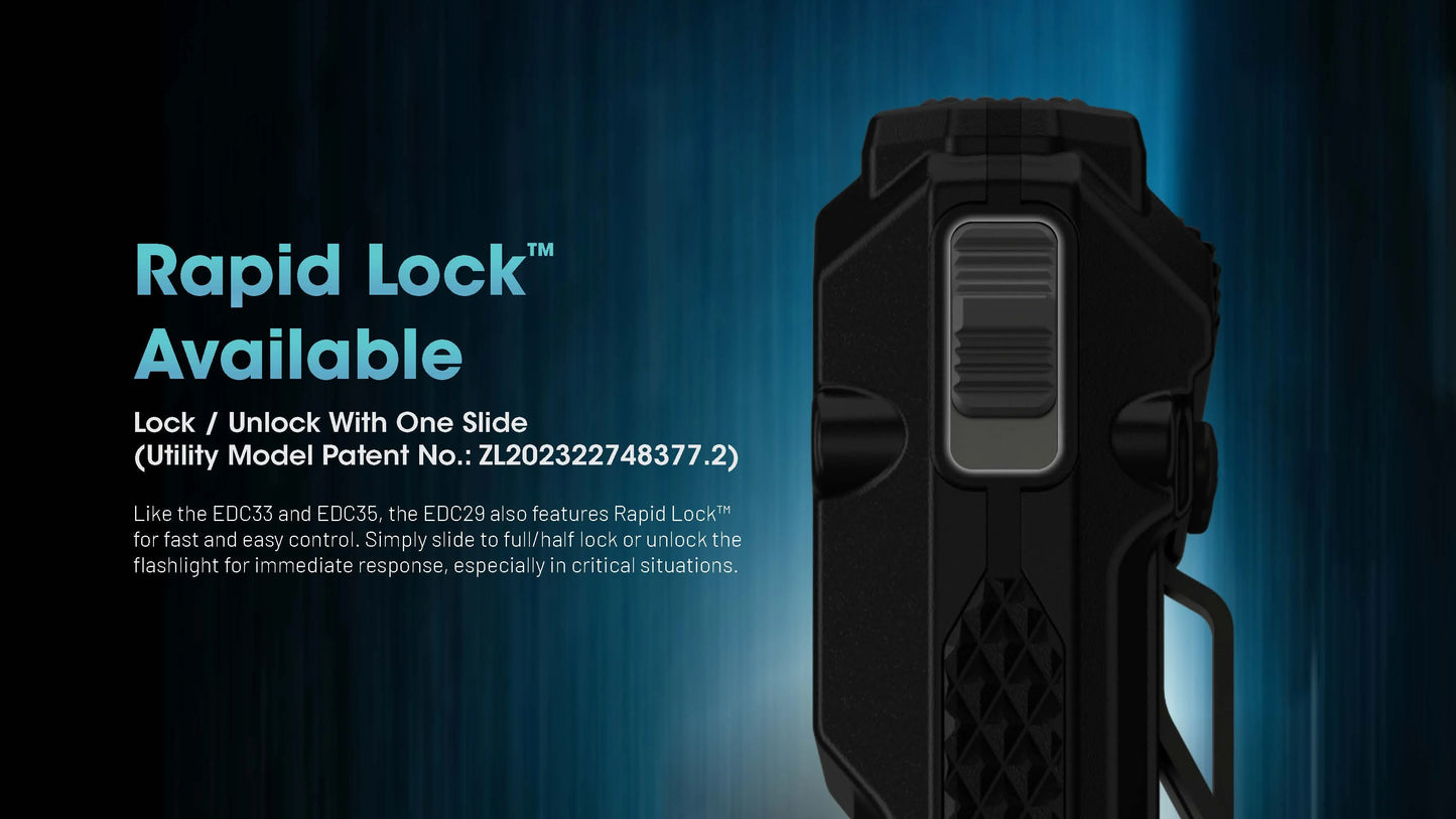 Black flashlight with 'Rapid Lock' feature on a dark blue background