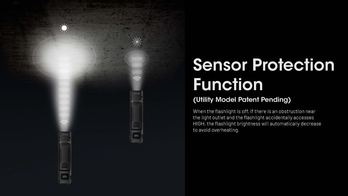 Flashlight with sensor protection function on a dark background