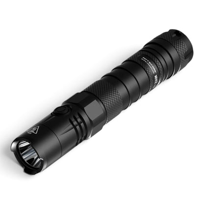 A black tactical flashlight with textured grip sections and a ribbed body, shown diagonally on a clean white background.
