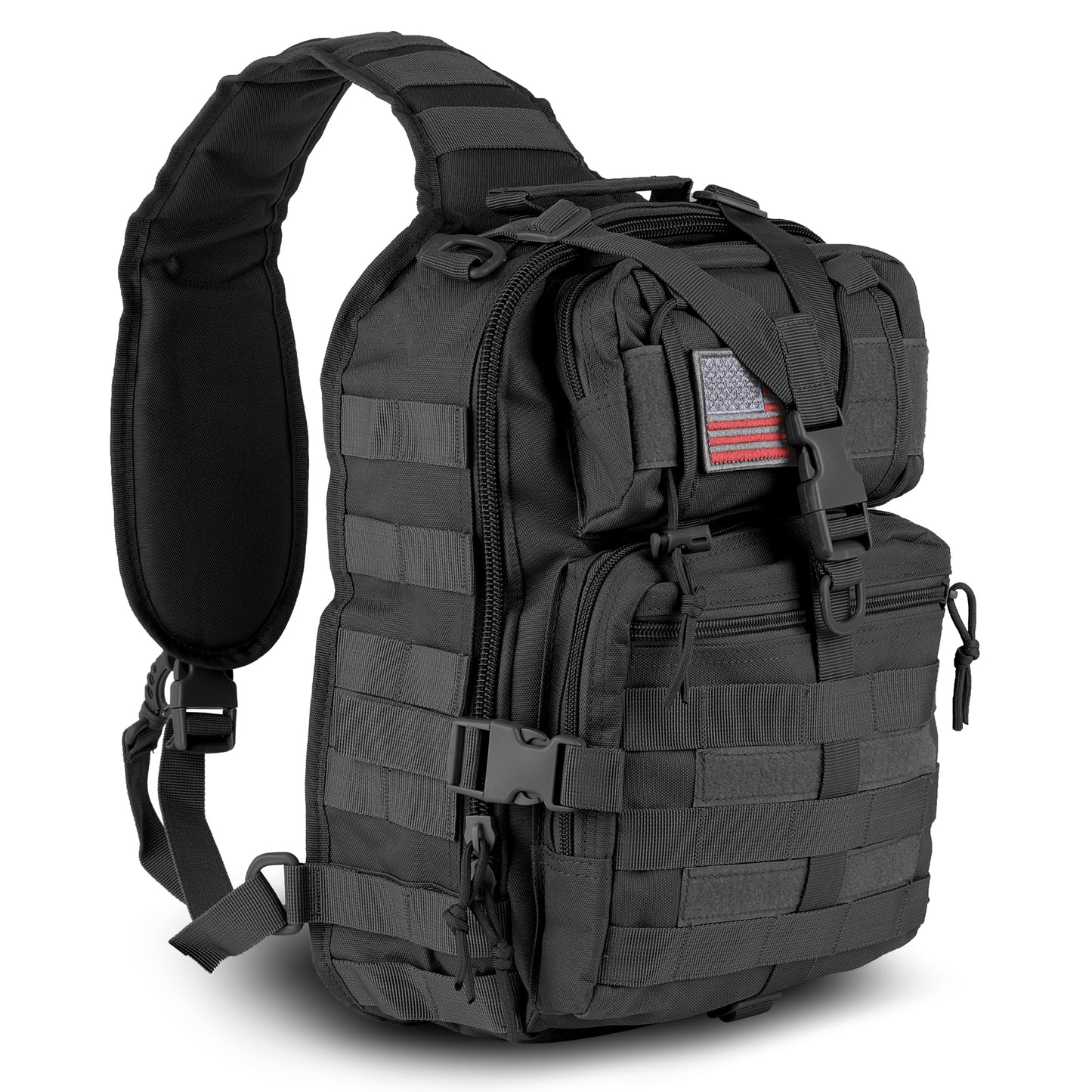 Black tactical sling bag with American flag patch on a white background
