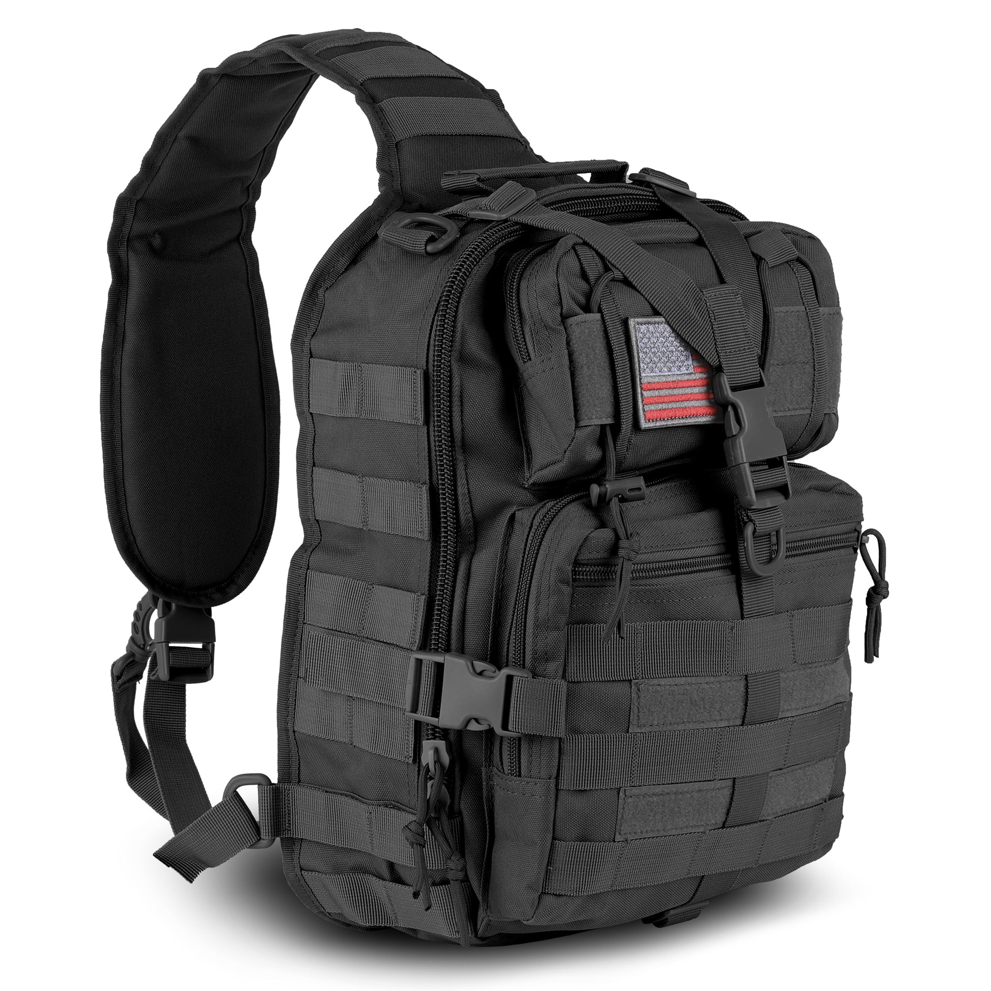 Black tactical sling bag with American flag patch on a white background