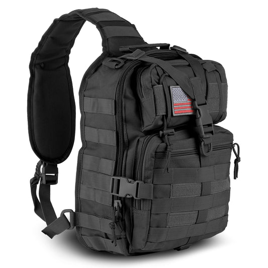Black tactical sling bag with American flag patch on a white background