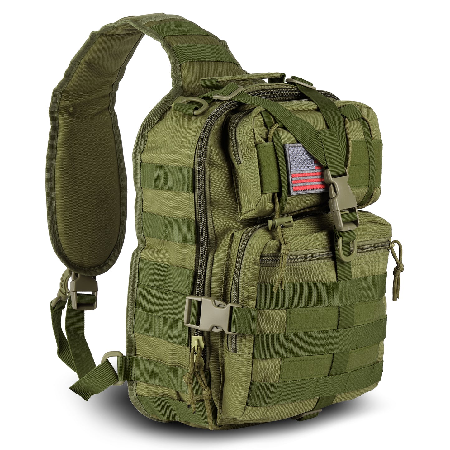 Green tactical sling bag with multiple compartments on a white background