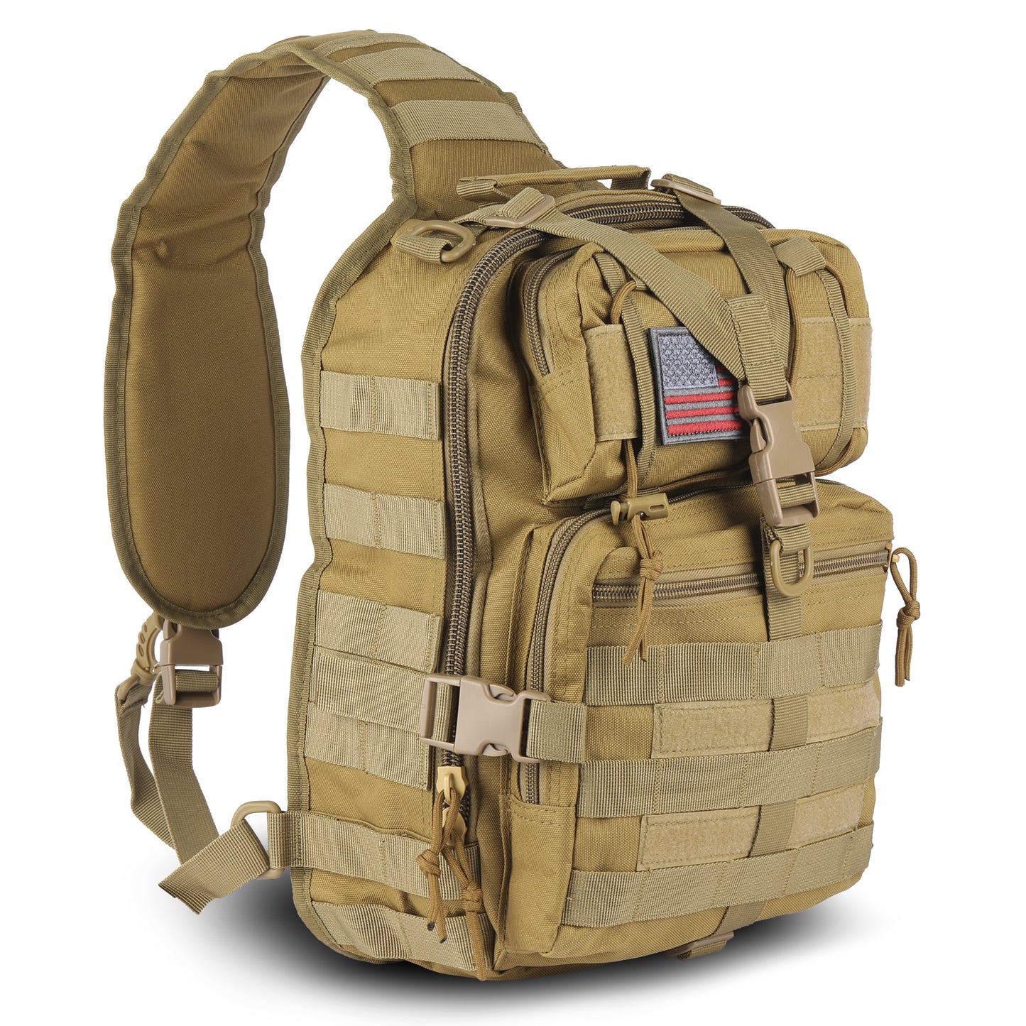 Tan tactical sling bag with multiple compartments and an American flag patch on a white background