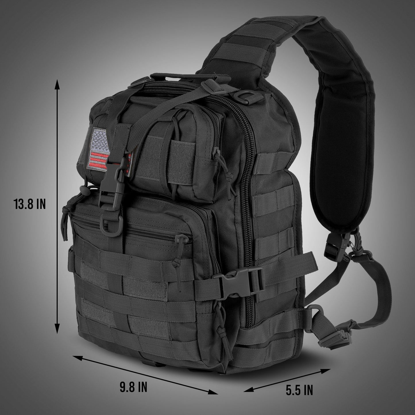 Black tactical backpack with measurements on a gray background