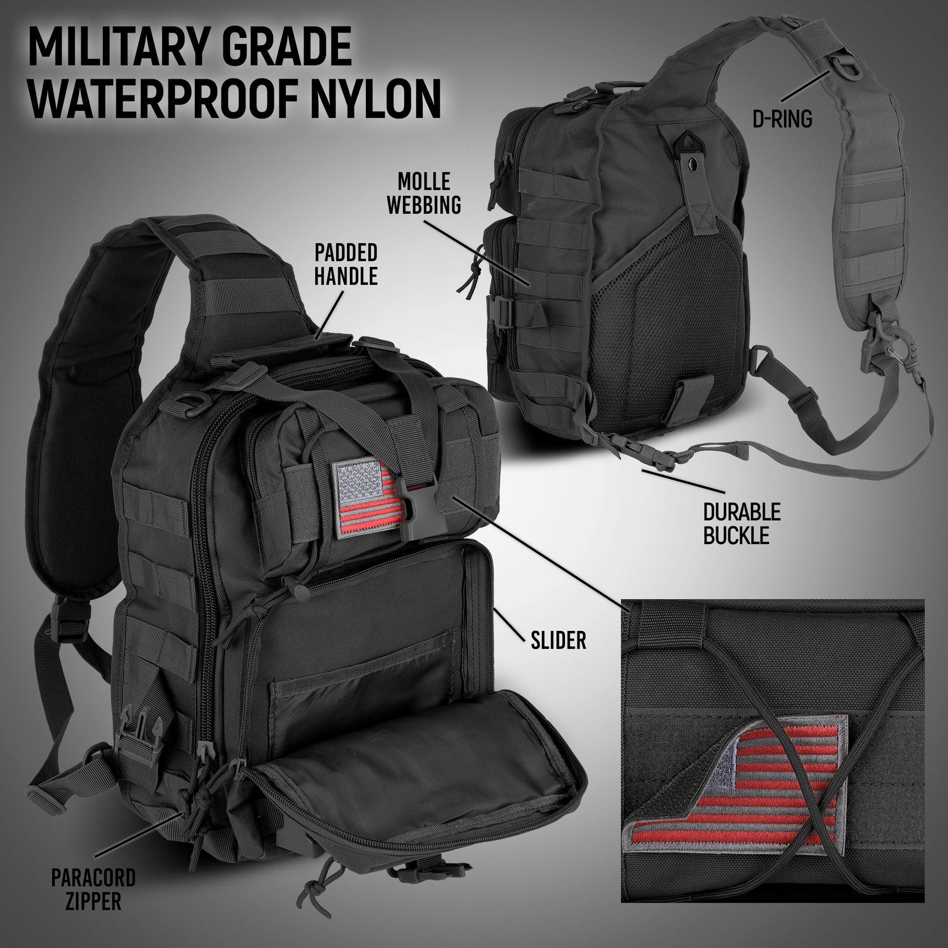 Military-grade waterproof nylon backpack with features highlighted on a gray background