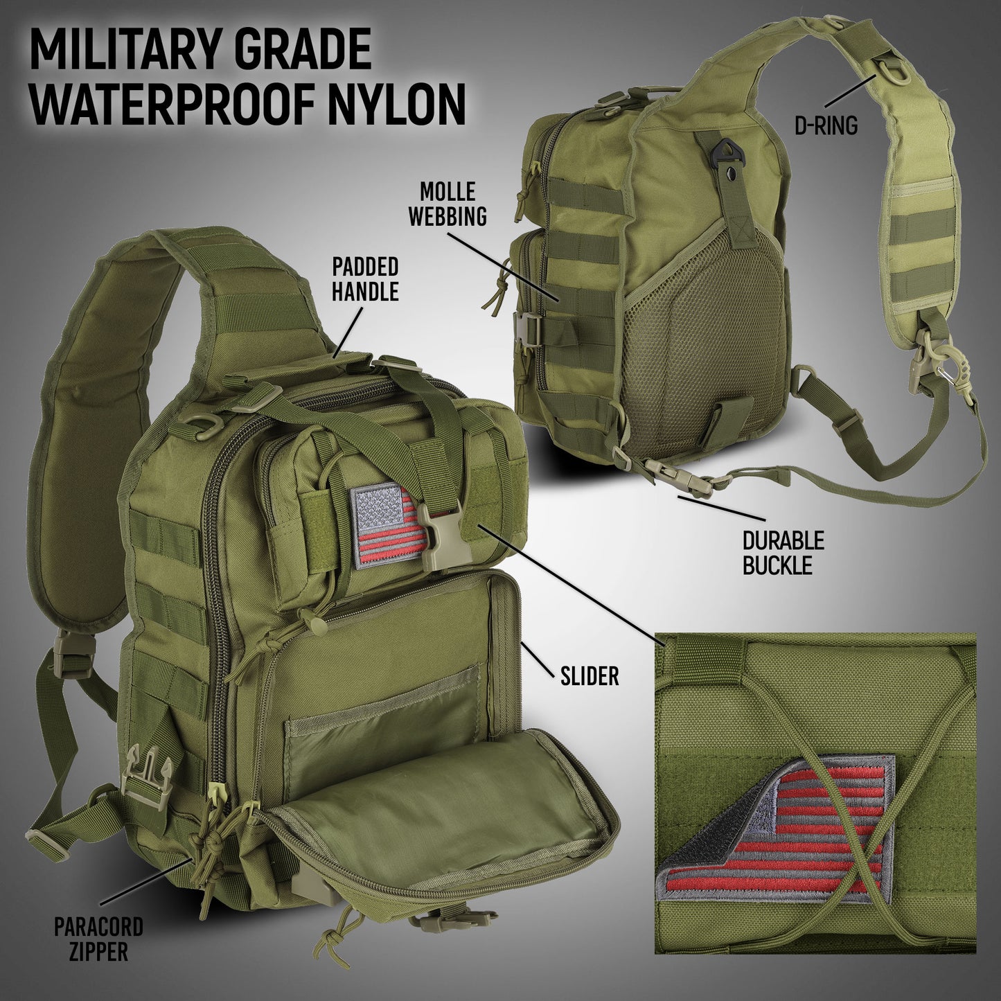 Green military-style backpack with features labeled on a gray background