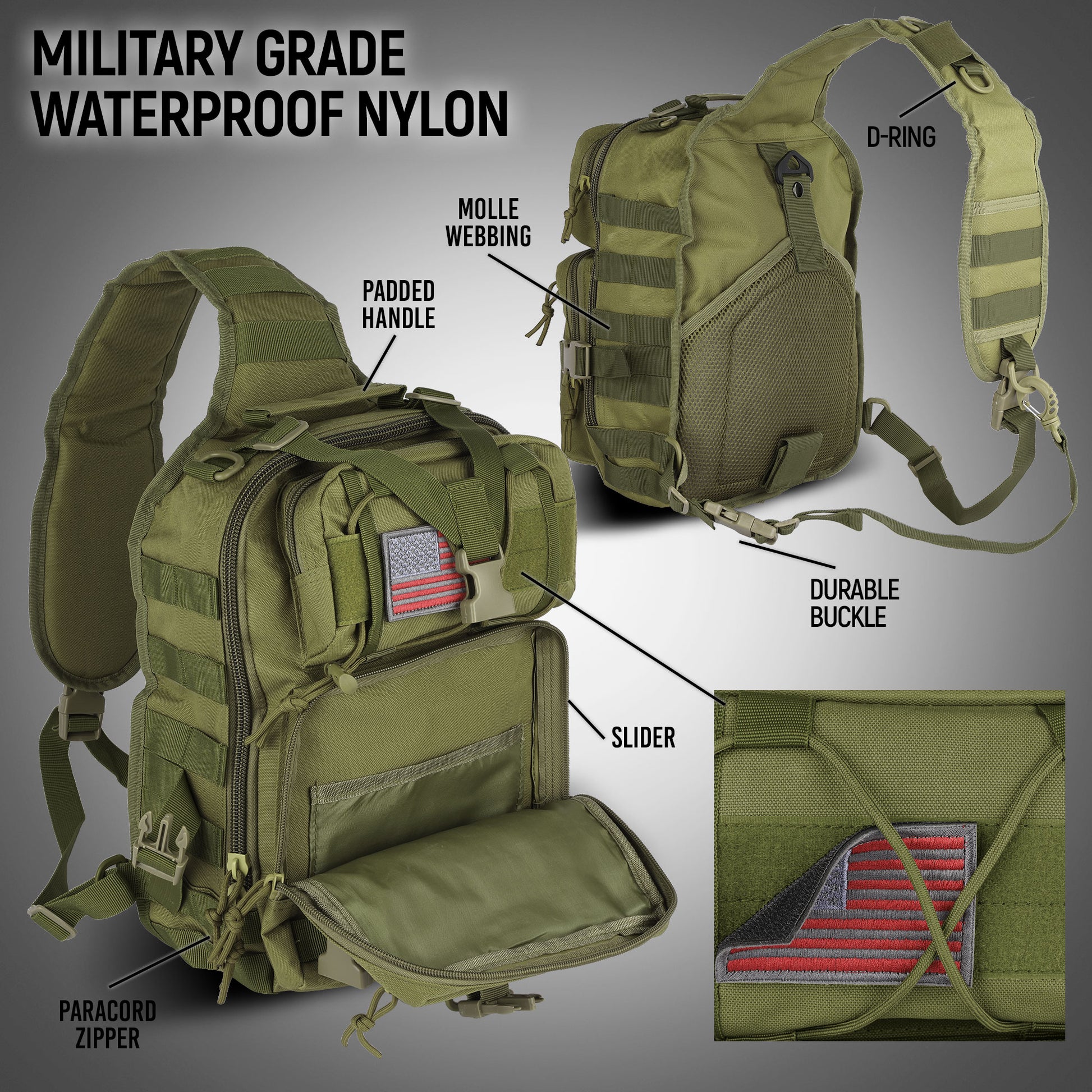 Green military-style backpack with features labeled on a gray background
