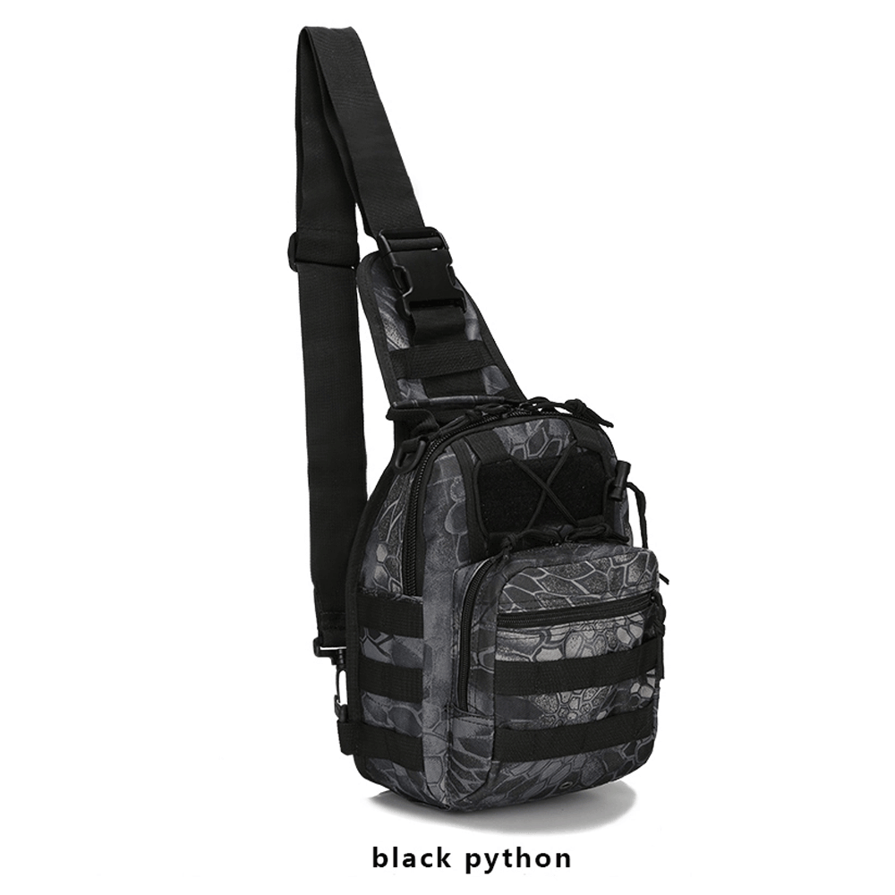 Black and gray camouflage sling bag on a white background