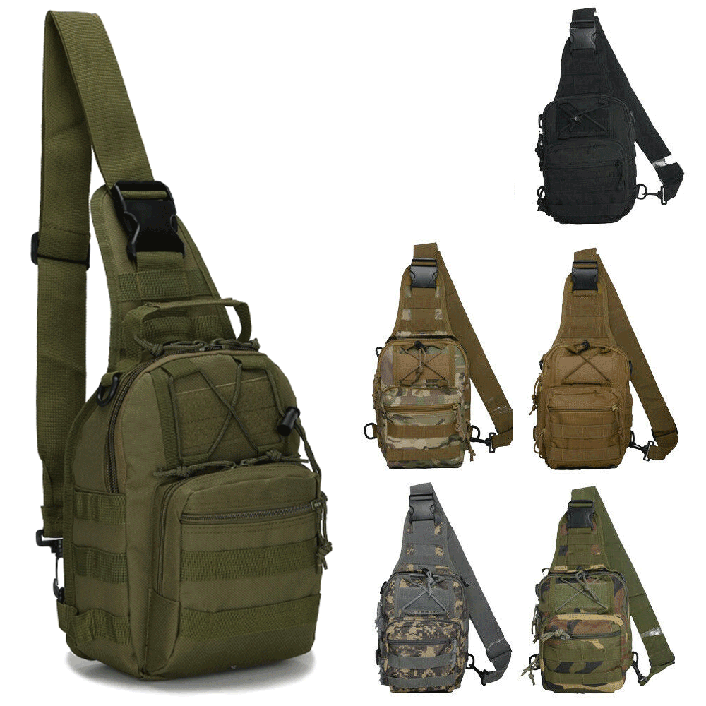 Collection of tactical sling bags in various colors and designs on a white background