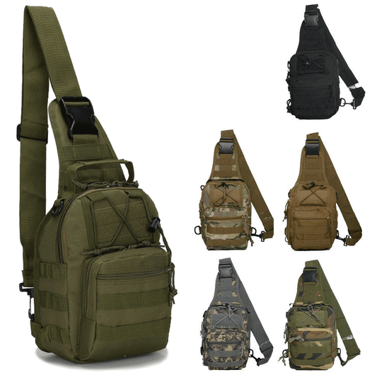 Collection of tactical sling bags in various colors and designs on a white background